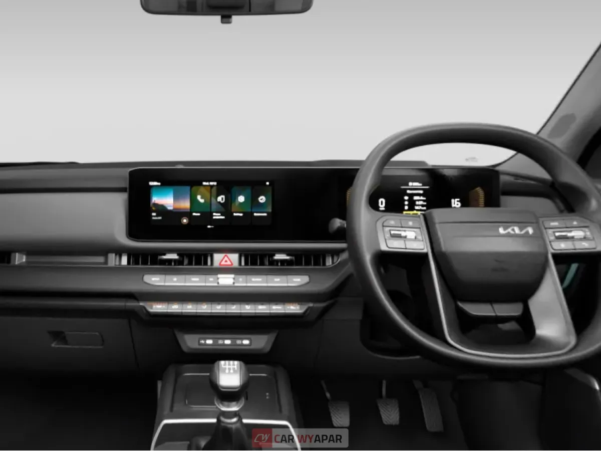 A black-and-white interior view of the Seltos HTX (O) showing the steering wheel and panoramic digital display.